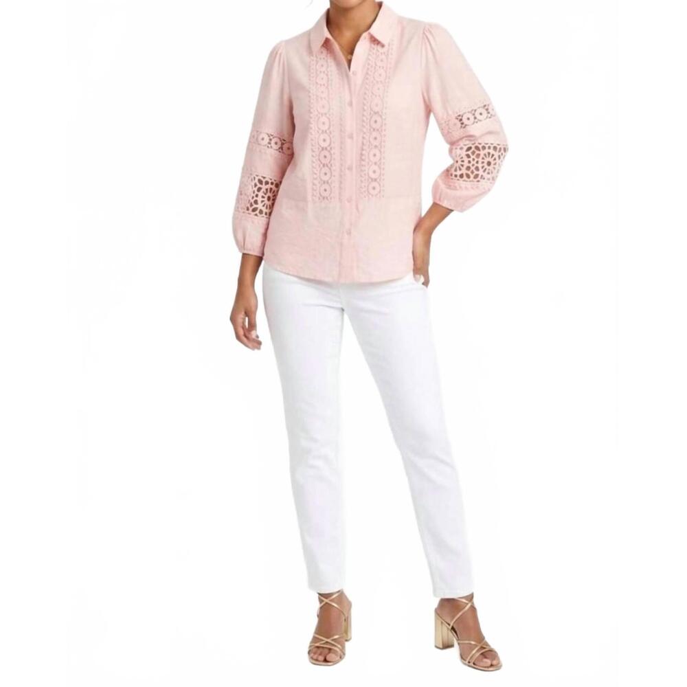 NEW HESTER & ORCHARD crochet lace collared blouse in pink